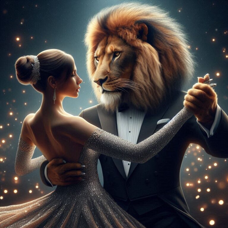 A male lion wearing a tuxedo, dancing