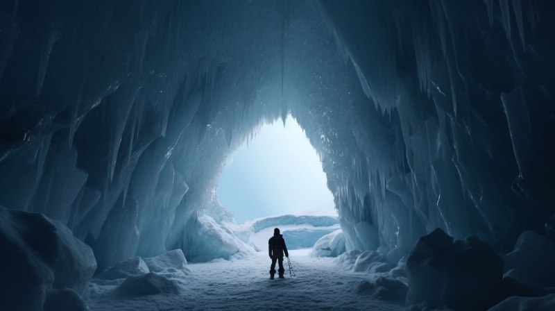 An alien creature emerging from an ice cave