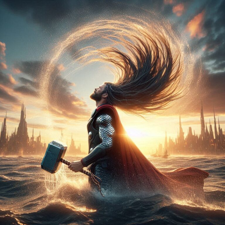 Thor splashing her long hair with water