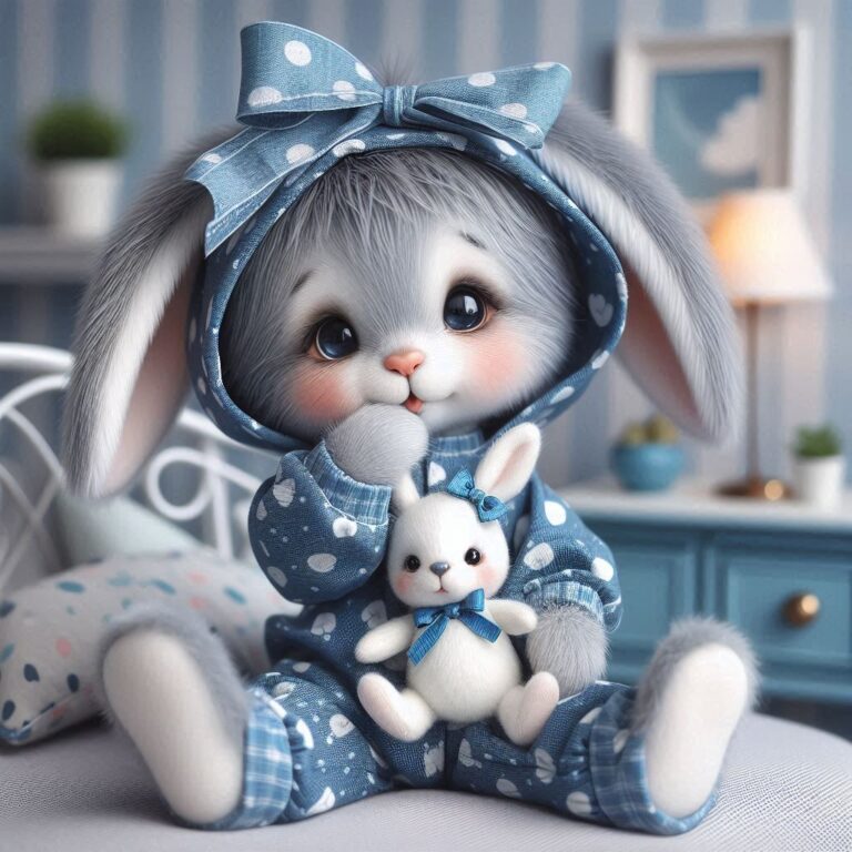 Cute Grey Bunny in Pajamas Holding Stuffed Bunny Toy