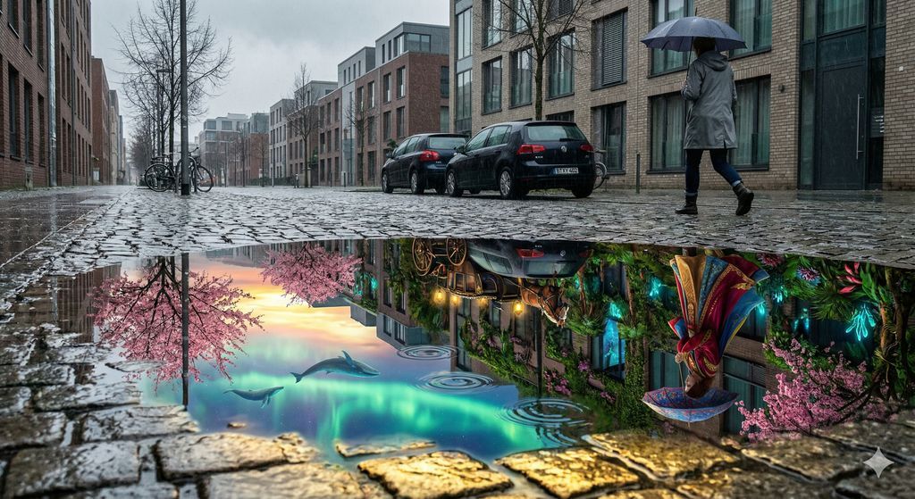 Magical Parallel World In Puddle Reflection