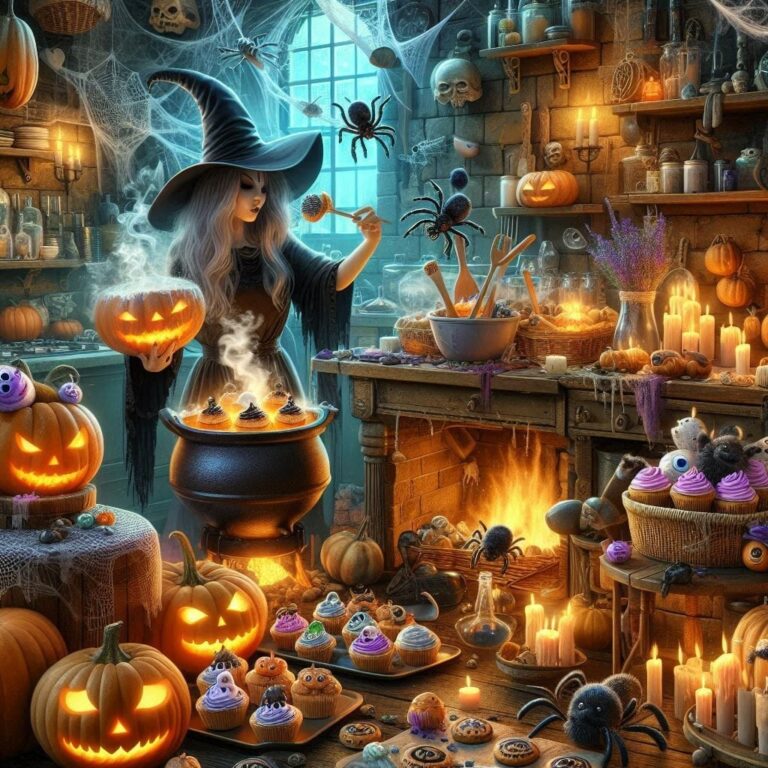 Witch Baking Halloween Treats in Enchanted Kitchen