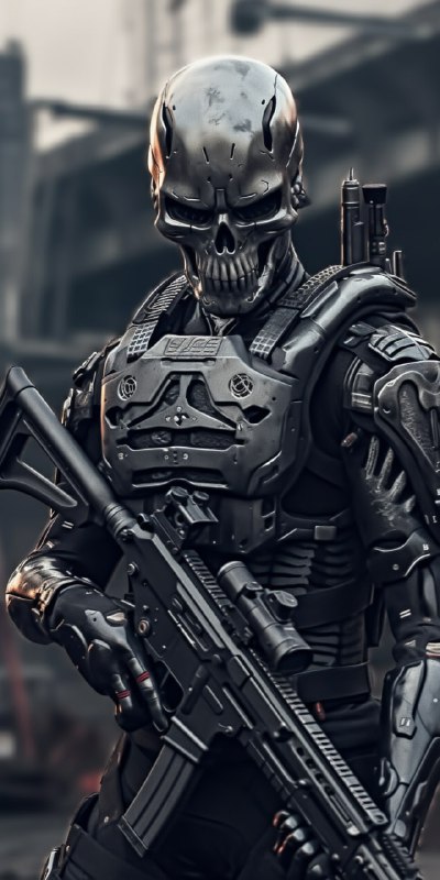 Tactical Android With Gun and Skull Motifs Wallpaper