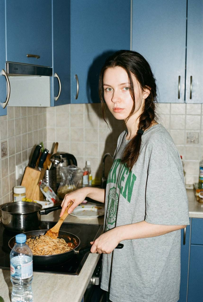 Casual Pasta Cooking in Home Kitchen
