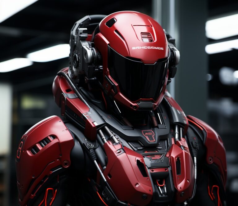 Red Space Armor Robot in Warehouse