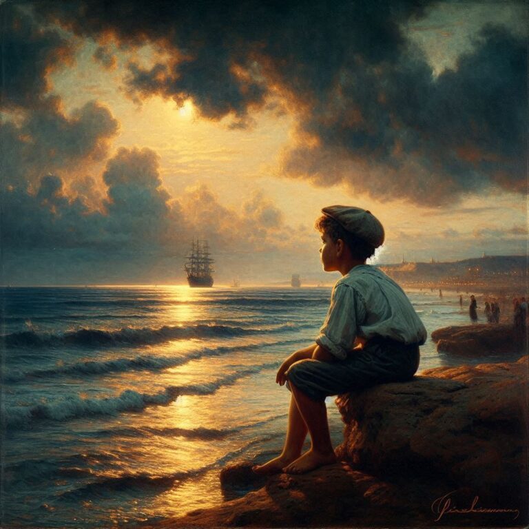 Child is pensive looking at the sea
