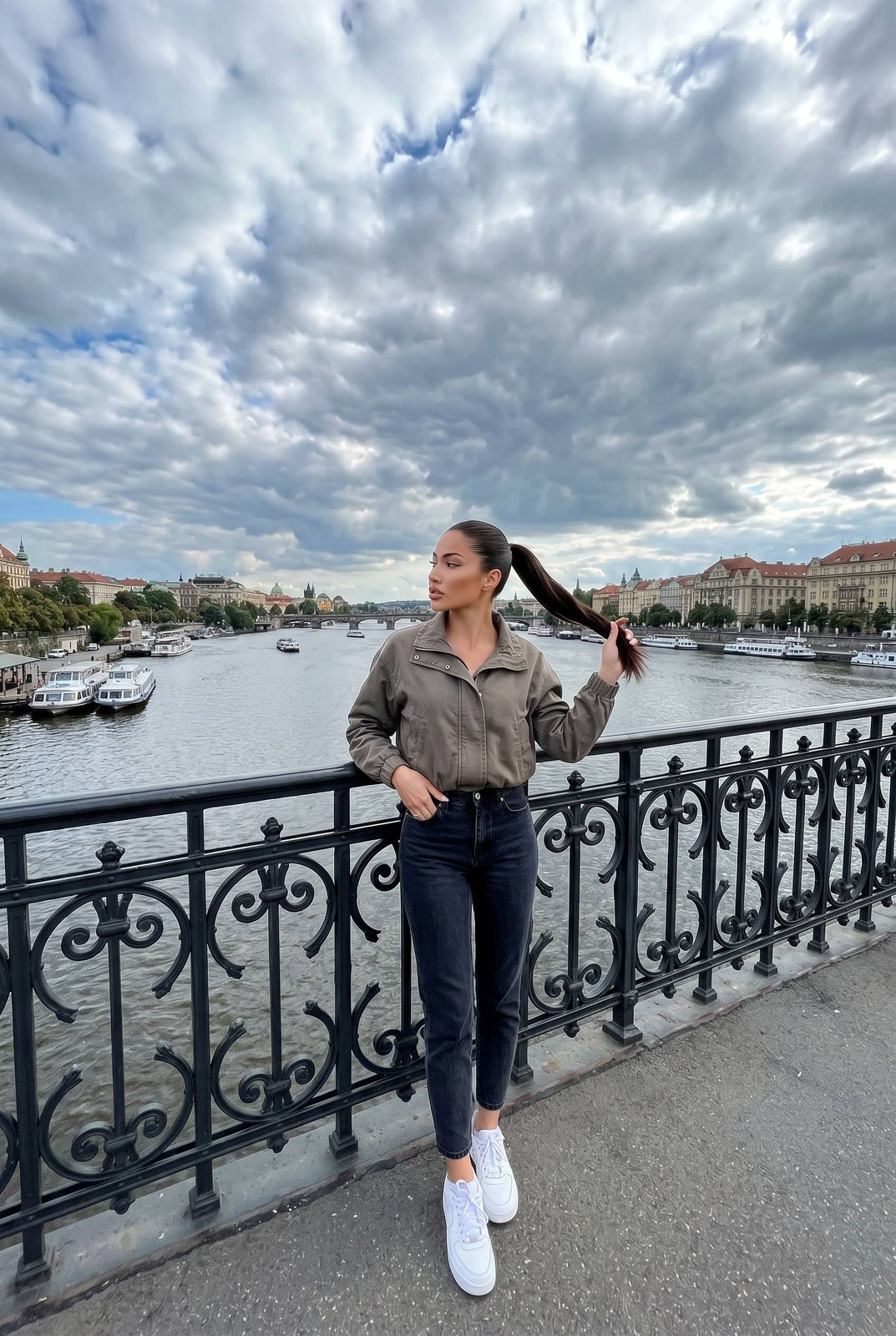 Casual Traveler on Historic Bridge