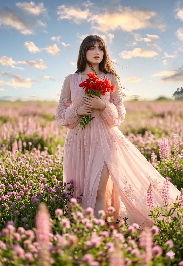 Cinematic Fashion Portrait In Wildflower Field