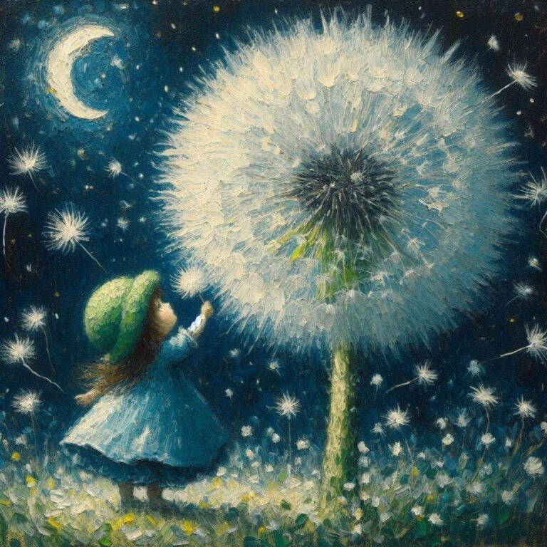 Child in Red Dress Reaching Giant Dandelion Impressionism