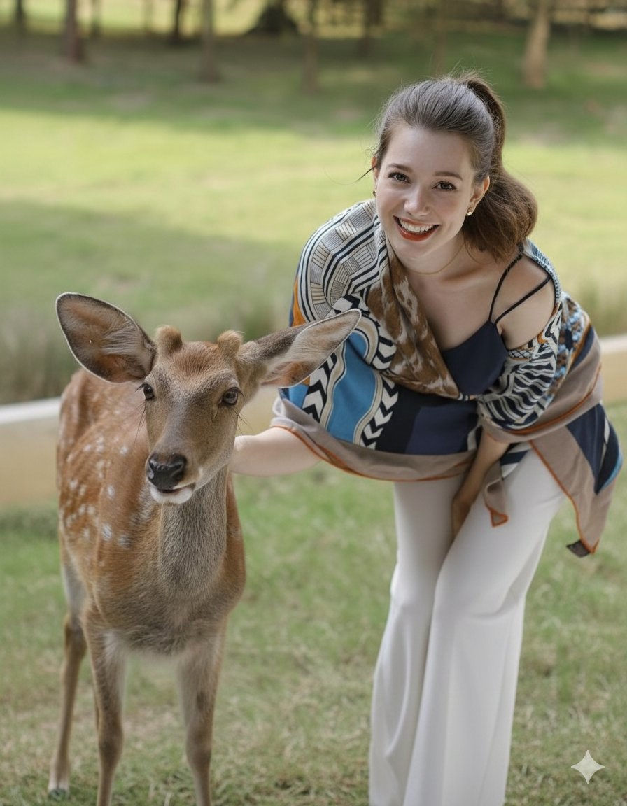 Girl Feeding Deer in Sunlit Park