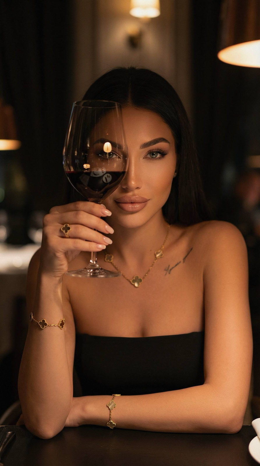 Confident Gaze Behind the Wine Glass