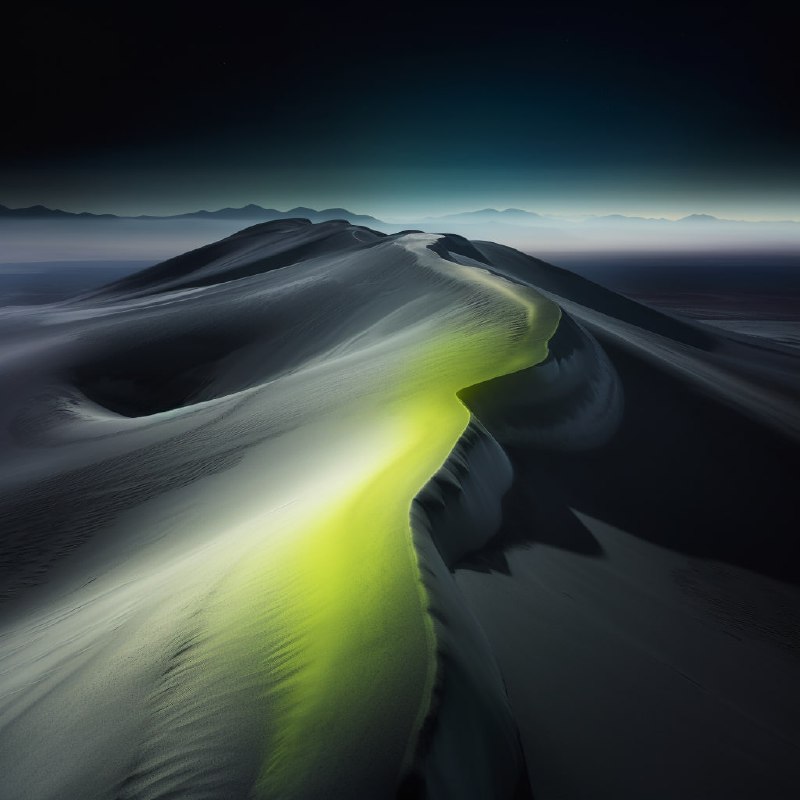 Icy White Dune Desert With Acid Green River at Night