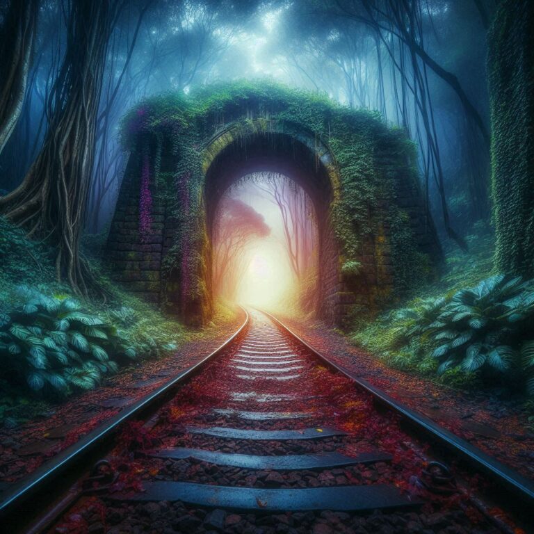 An old railroad tracks vanishing into an enchanted