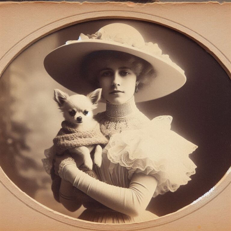 Vintage 1900s Woman in White Holding Chihuahua Puppy