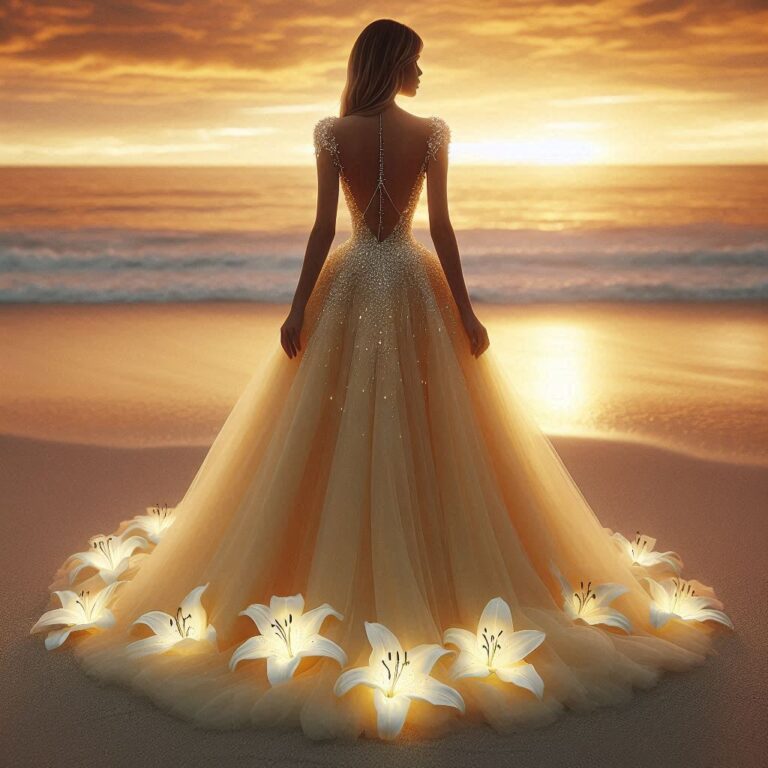 A photorealistic image of a woman standing on the beach with her back to the camera