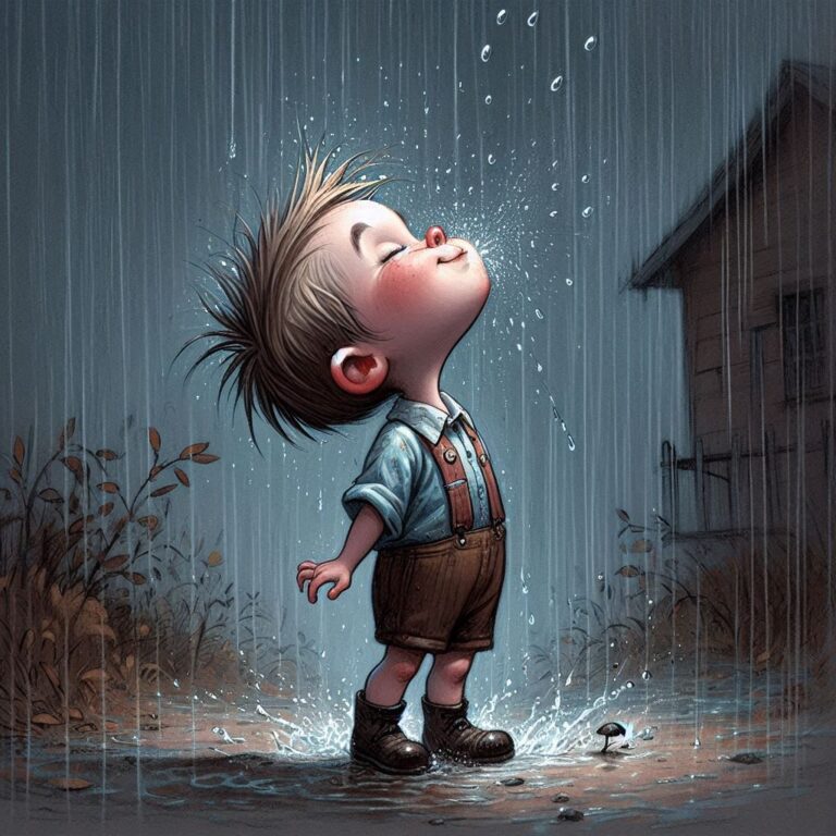 Whimsical Boy Catching Raindrops Caricature Loish Style