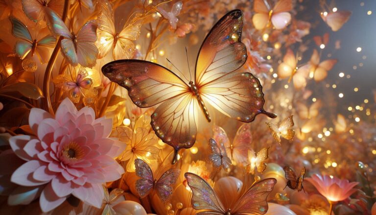 Golden Translucent Butterflies in Fairy Tale Scene