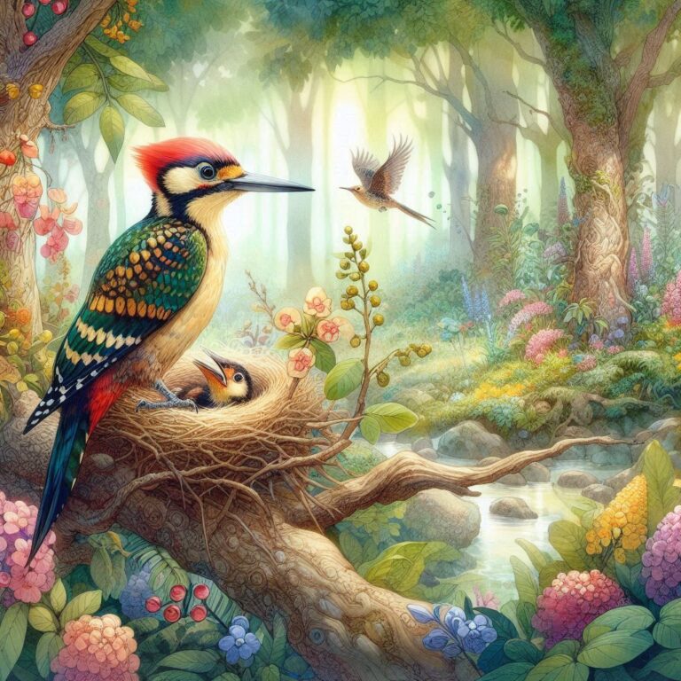 Colorful Woodpecker and Chick Watercolor Forest Nest