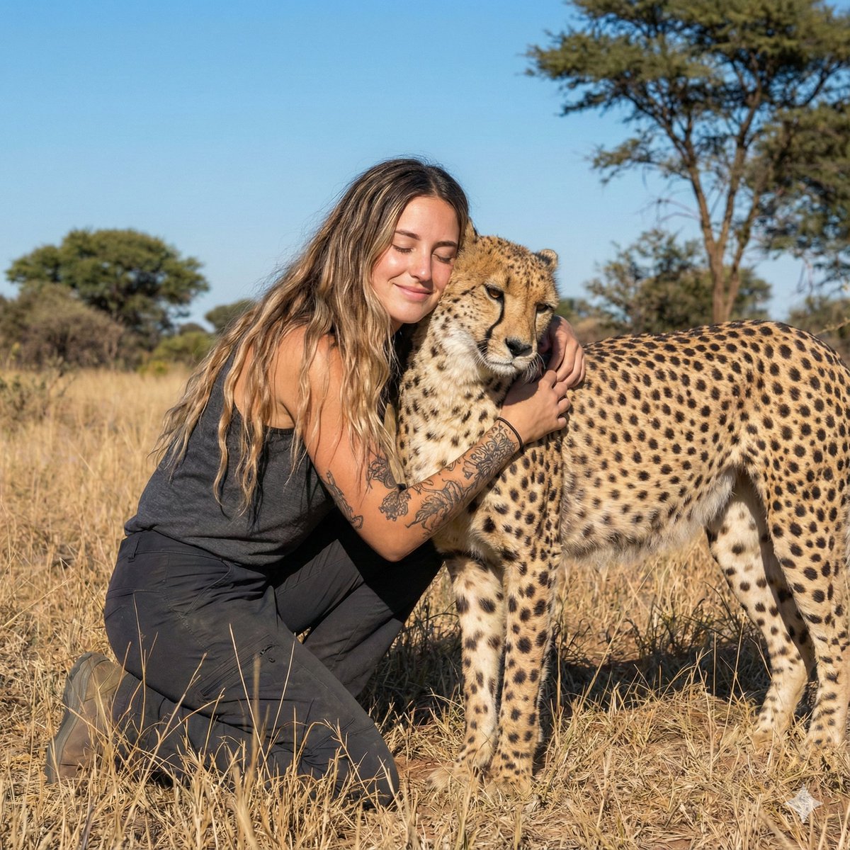 Woman Embracing Cheetah in Savannah