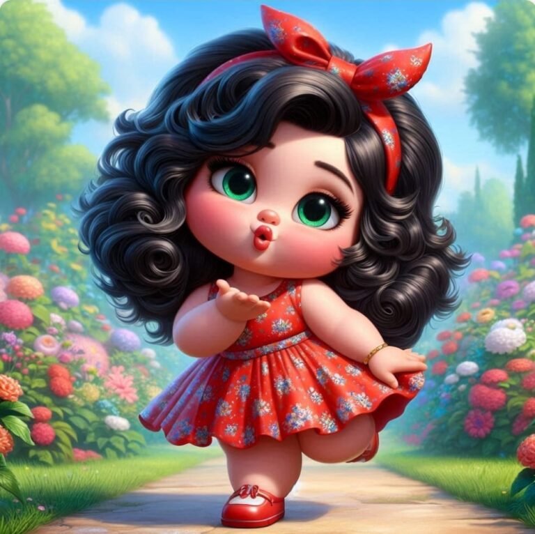 Sassy Pixar Girl in Red Floral Pants Blowing Kisses