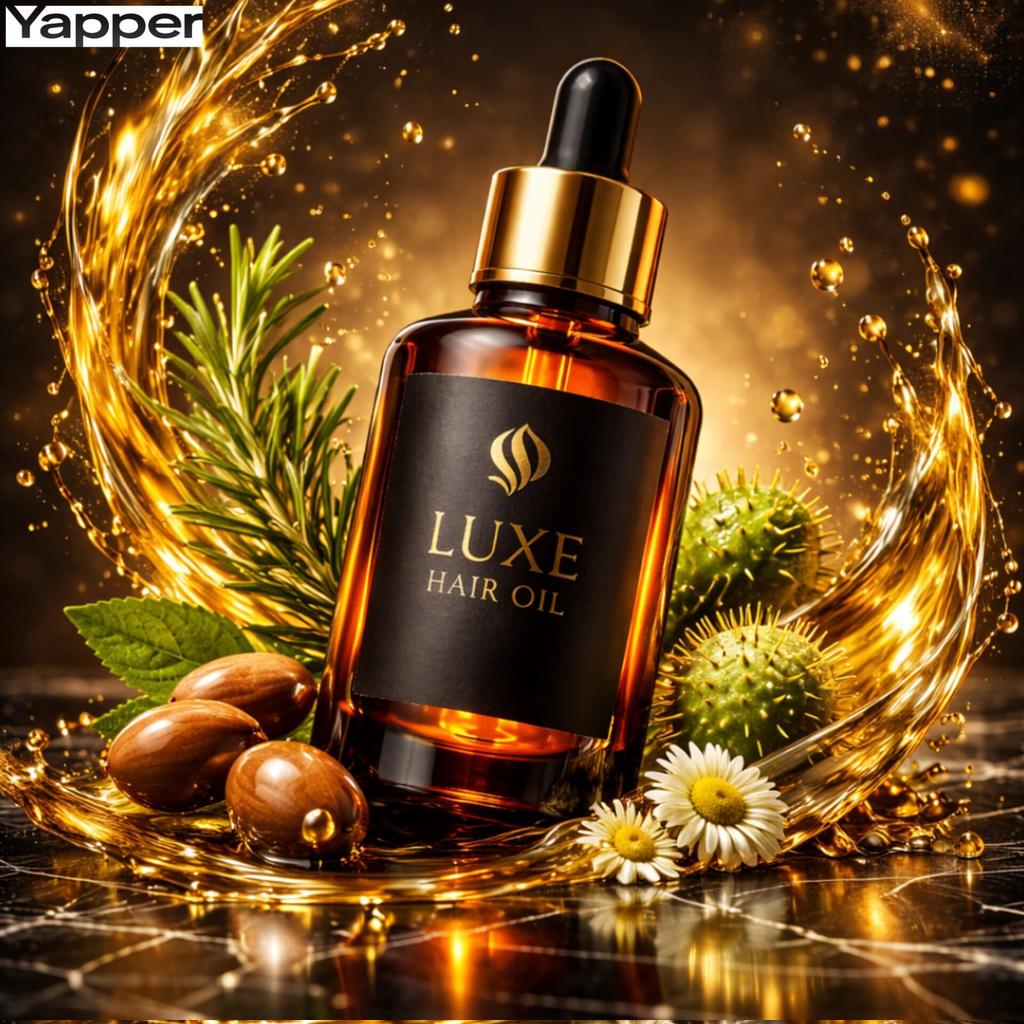 Golden Hair Oil Droplets Freeze in Luxury