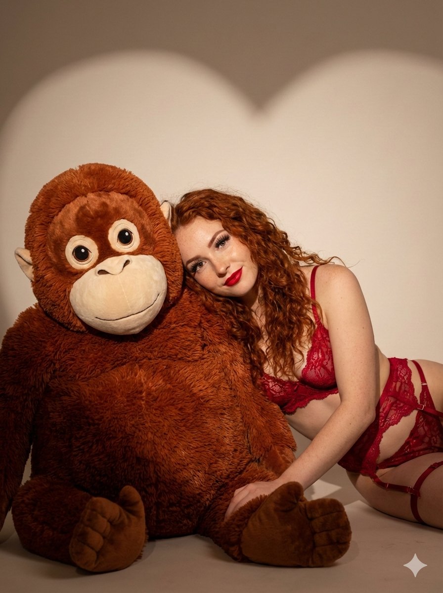 Redhead Woman Cuddling Giant Plush Monkey