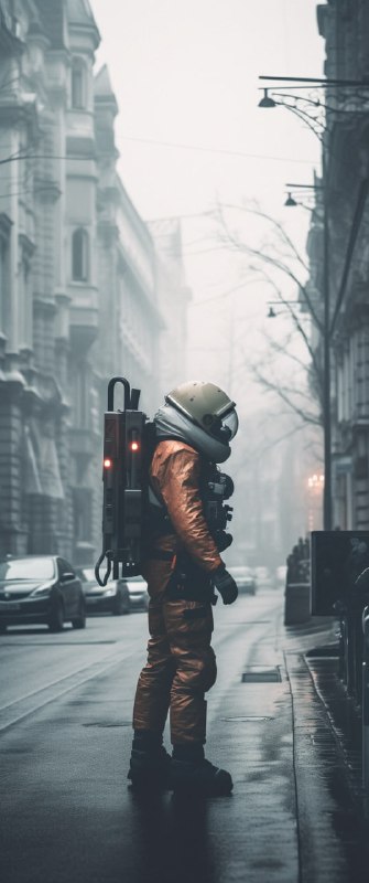 Spaceman Walking Foggy Gothic City Streets Dark Photo