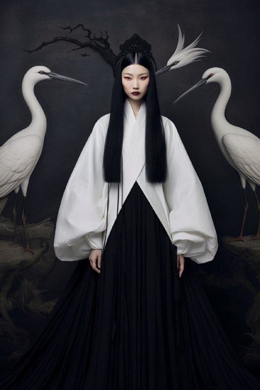 Ancient Chinese Beauty With Egrets Ink Painting Hanfu