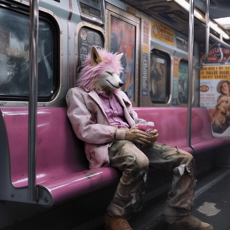 Pink-Haired Wolf Smoking in Vintage New York Subway Car