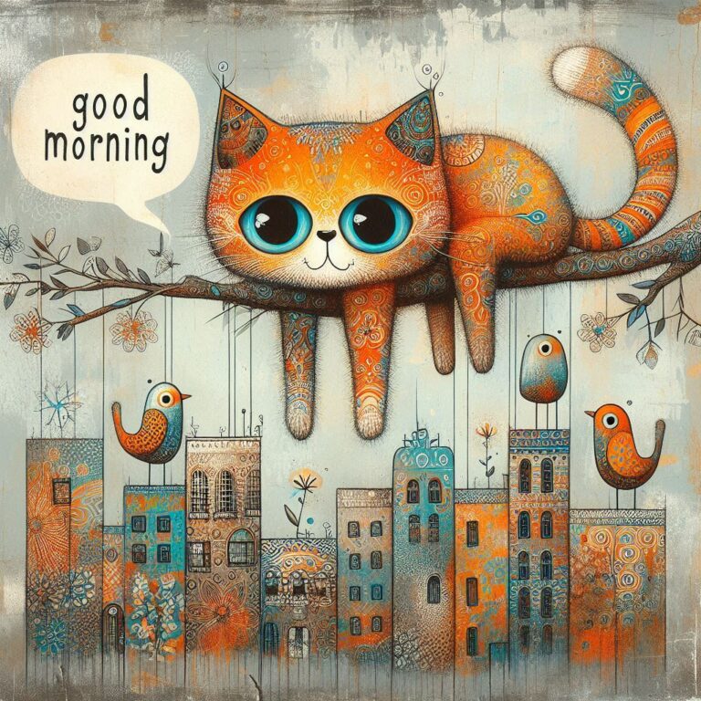 Patterned Orange Cat Hanging From Floral Board Artwork