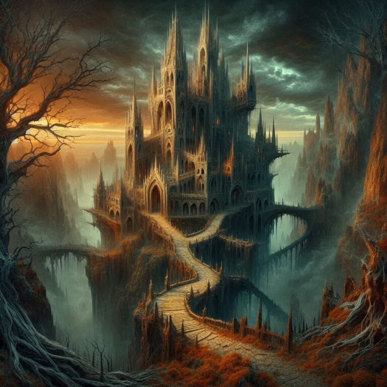 Surreal Gothic Castle on Cliff With Twisted Trees