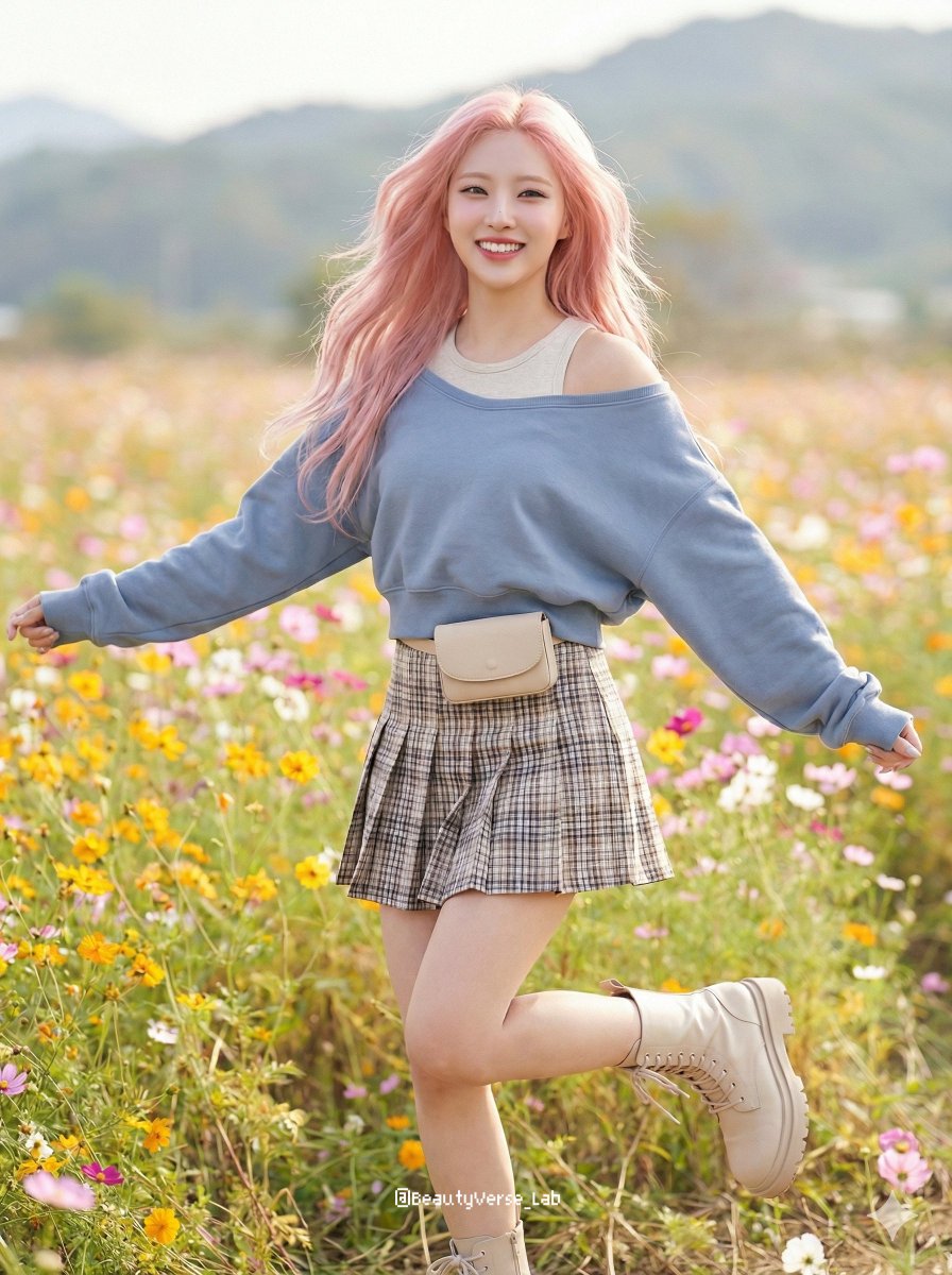 Pink-Haired Idol Running Through Cosmos Field