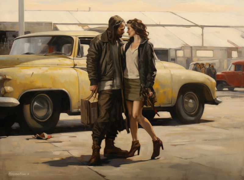Romantic Couple Walking by Car Post-Apocalyptic Painting