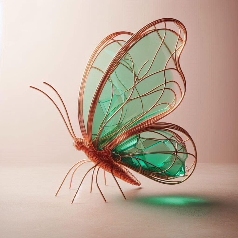 Minimalist Copper Wire and Green Glass Butterfly
