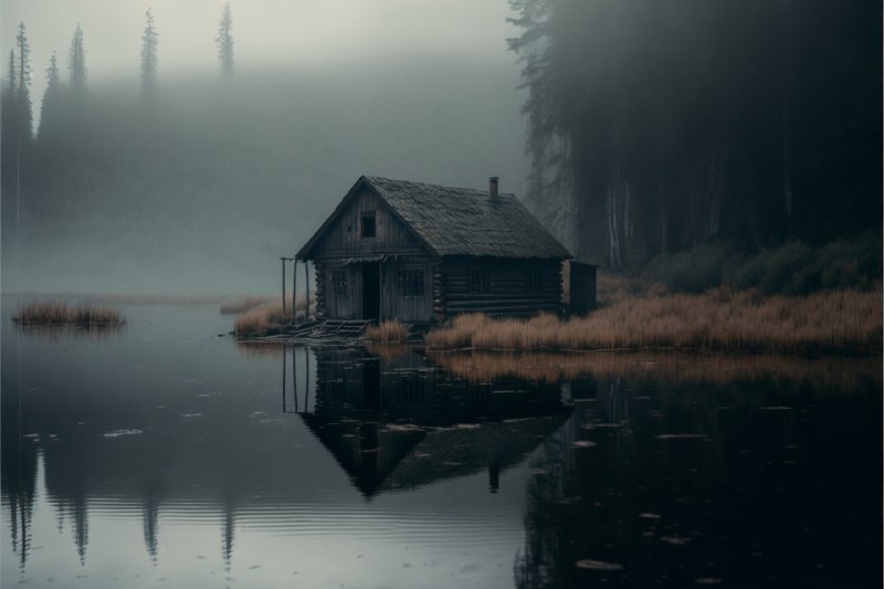 Sinister Foggy Lake Cabin Vintage 1970s Film Photo