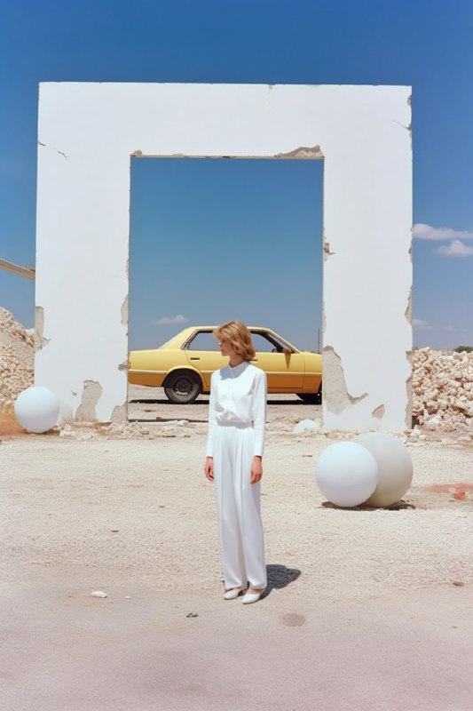 Model Beside White Car Surreal 1990s Architectural Chic