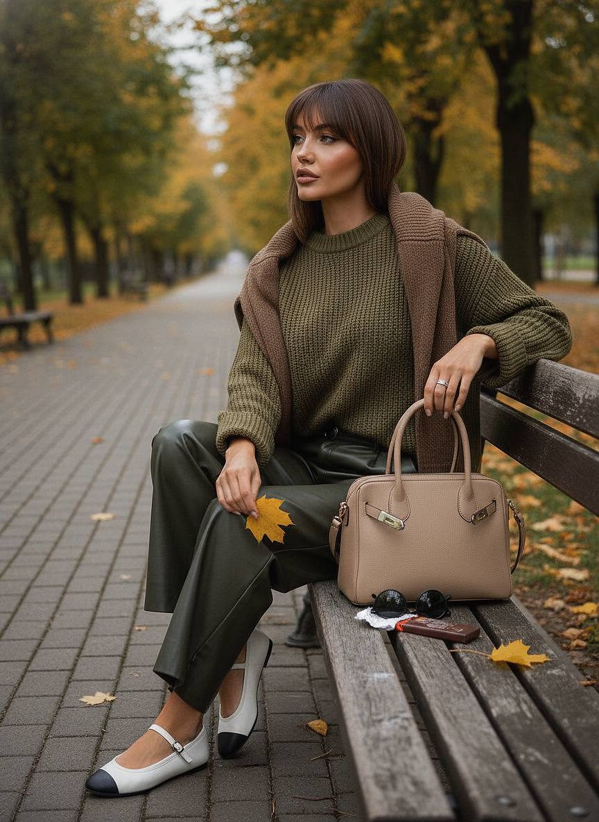 Autumn Fashion Portrait on Park Bench