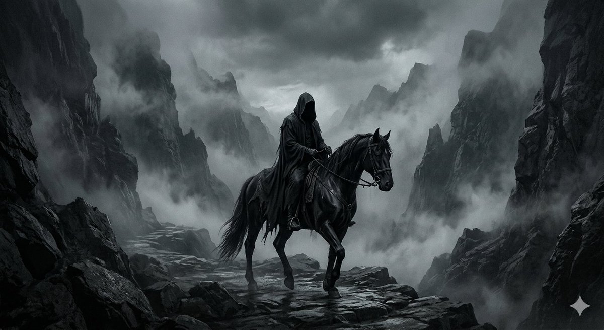 Hooded Rider in Misty Canyon