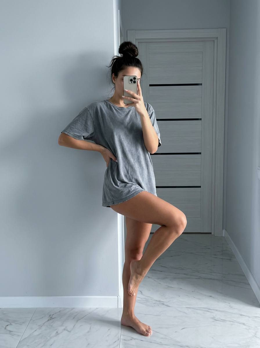 Casual Gray Tee Selfie Moment