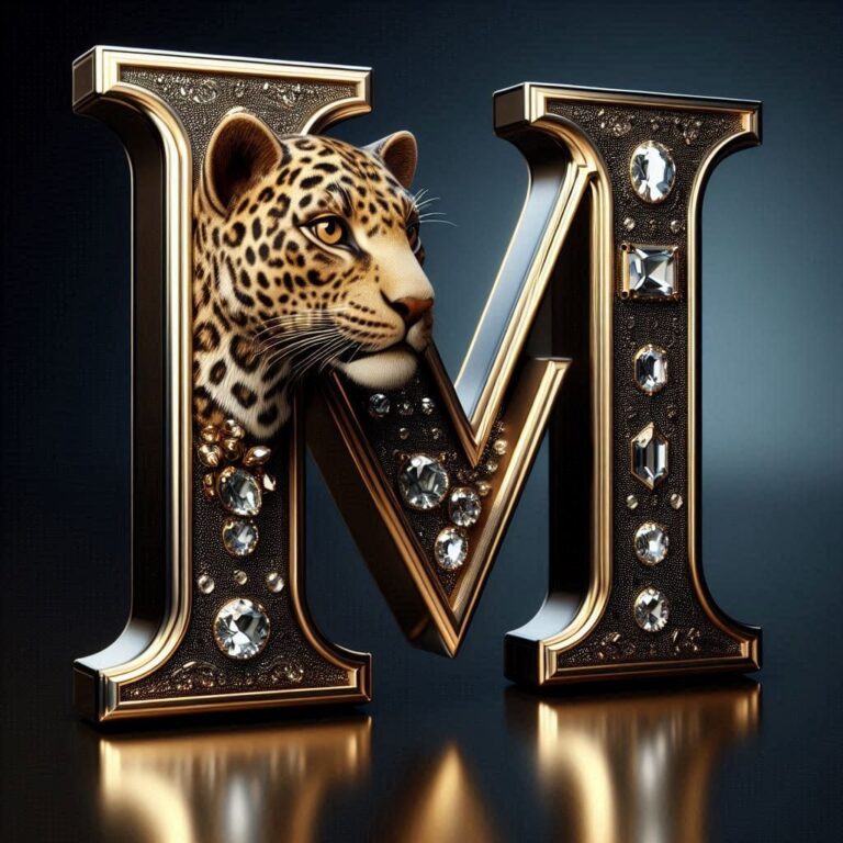 Gold-Framed Leopard Letter M With Sparkling Gems 3D