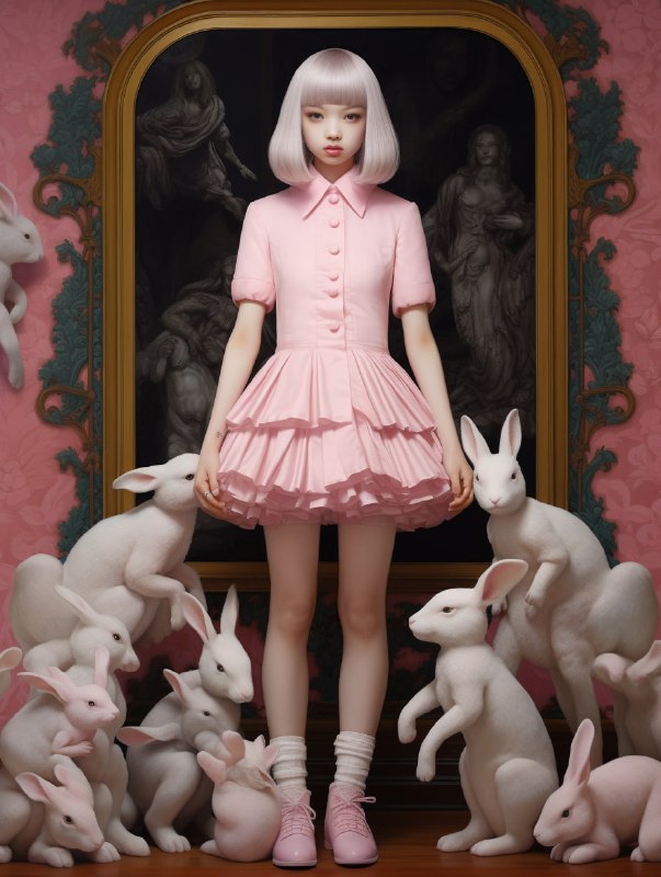 Girl in Pink Dress With Rabbits Toycore Portrait