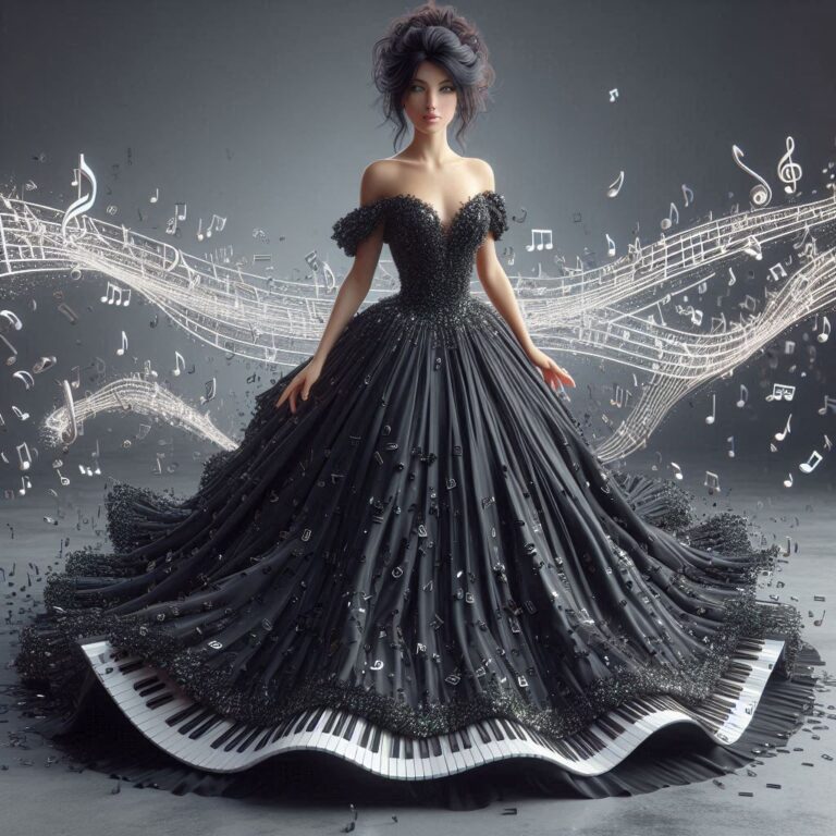 Black-Haired Woman in Musical Note Gown Photorealistic