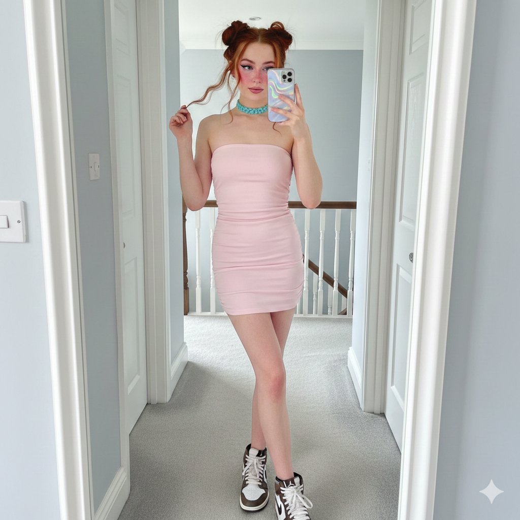E-girl Pink Dress Mirror Selfie