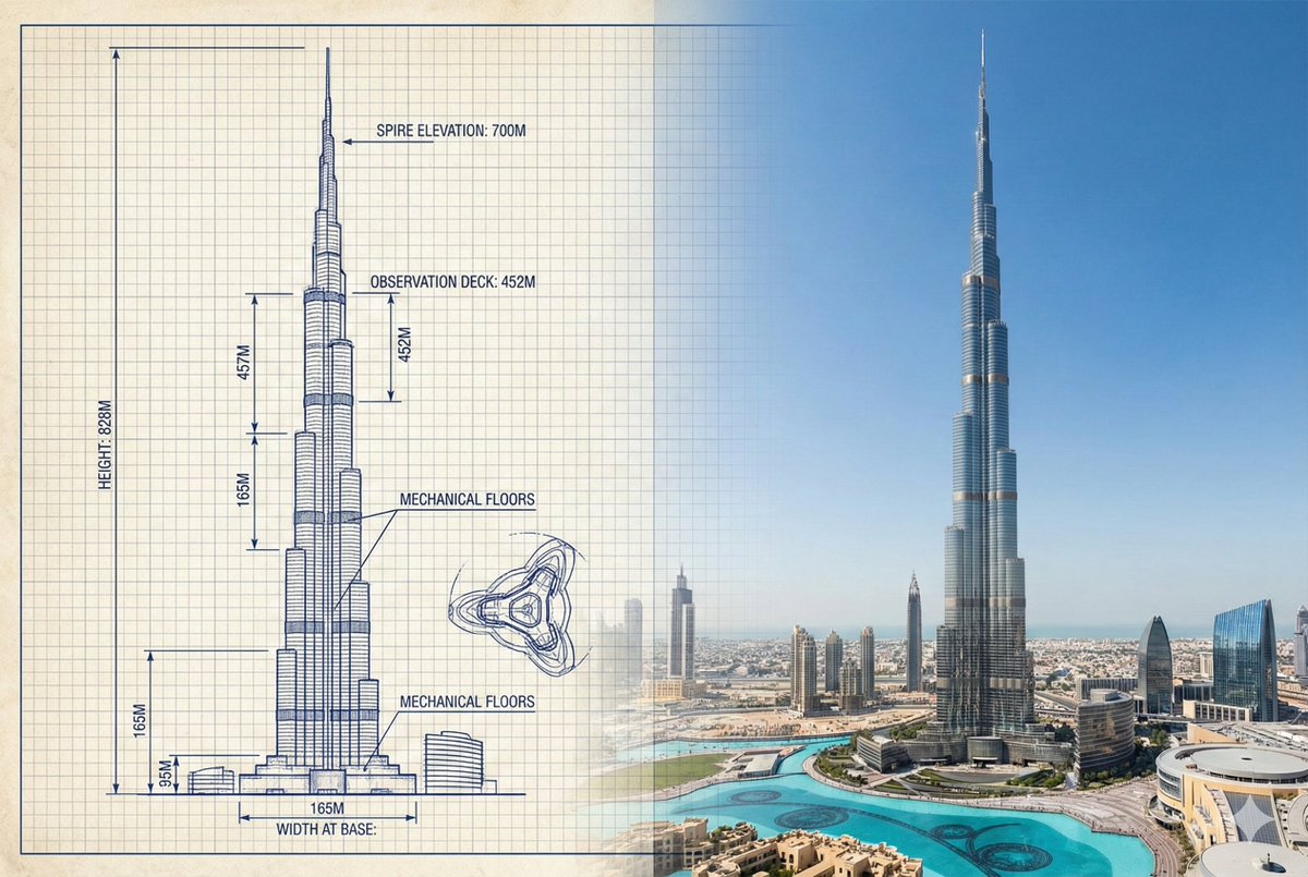 Burj Khalifa Blueprint vs Real Photo Split