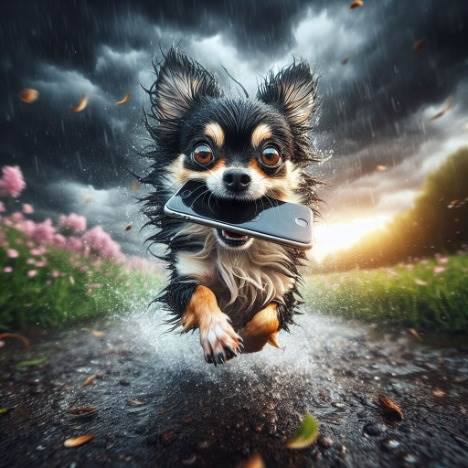 Chihuahua Carrying Phone Through Rain Macro Fisheye Shot