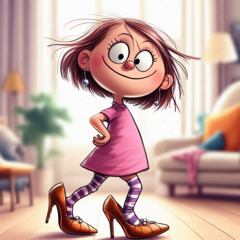 Toddler Girl in Oversized High Heels Quirky Line Sketch