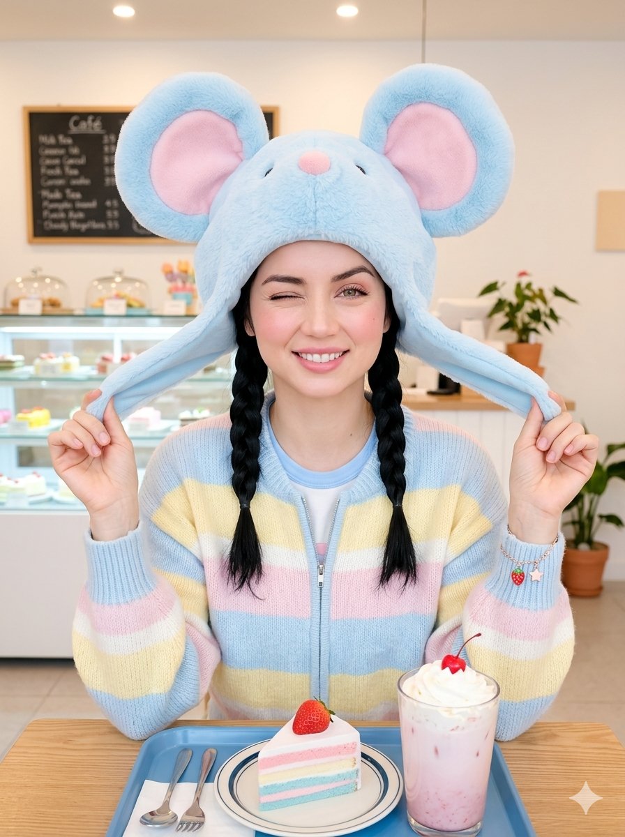 Winking Girl in a Pastel Café