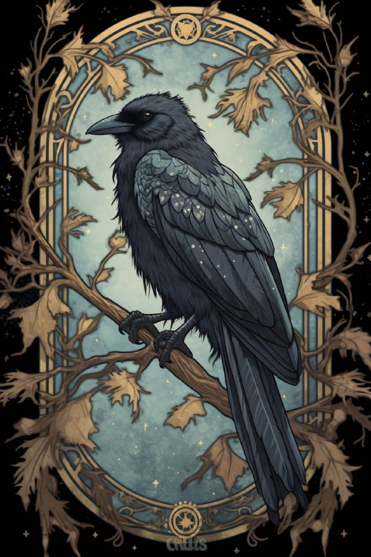 Black Raven on Branch Vintage Batik Tarot Card Style