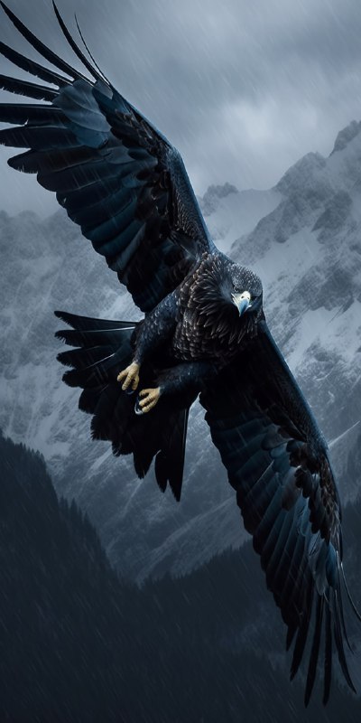 Condor Flying Over Snowy Dark Age Mountains Aerial View