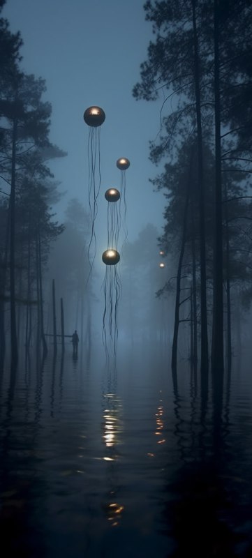 Flying Jellyfish Over Moonlit Lake in Dead Forest